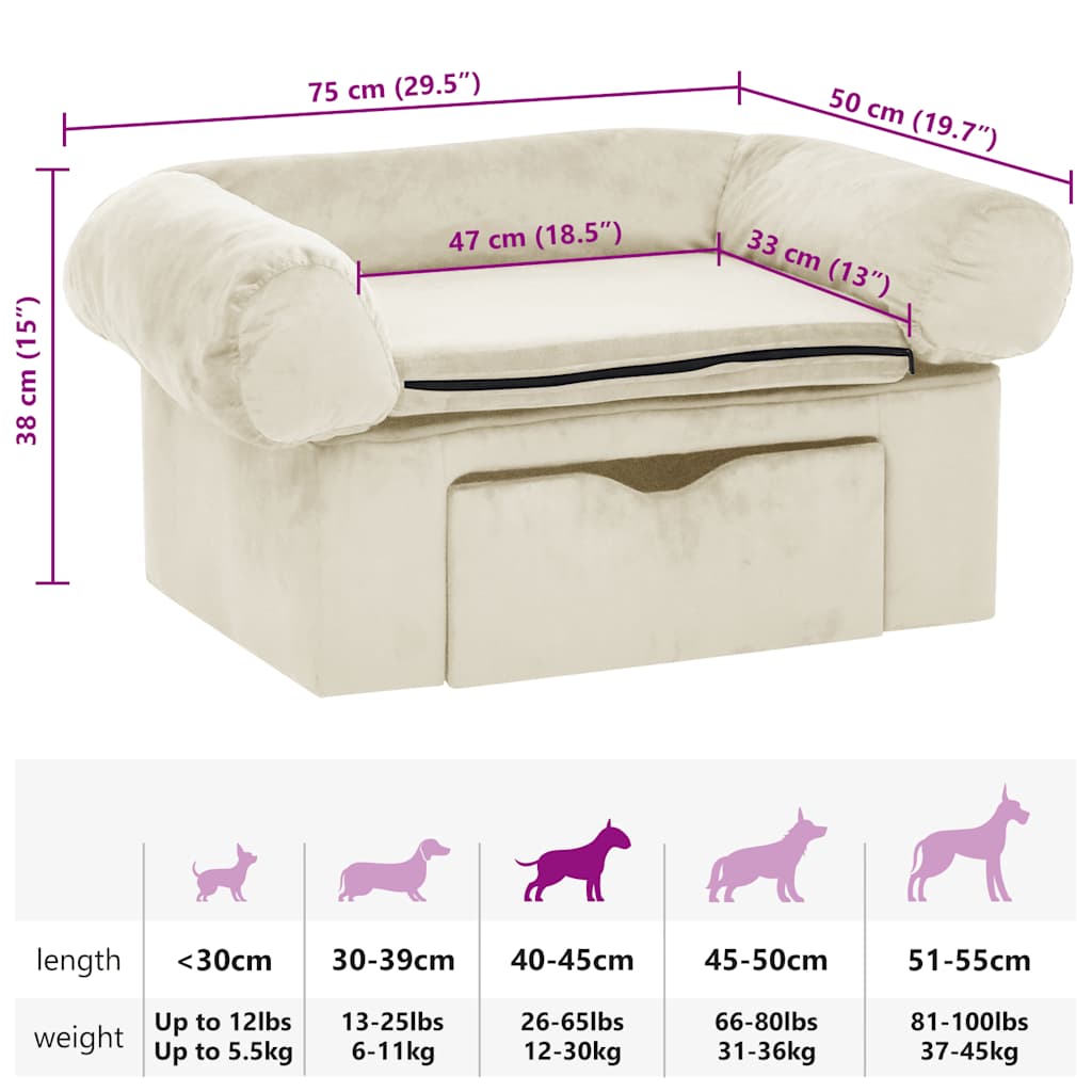 Dog Sofa with Drawer Cream 75x50x38 cm Plush