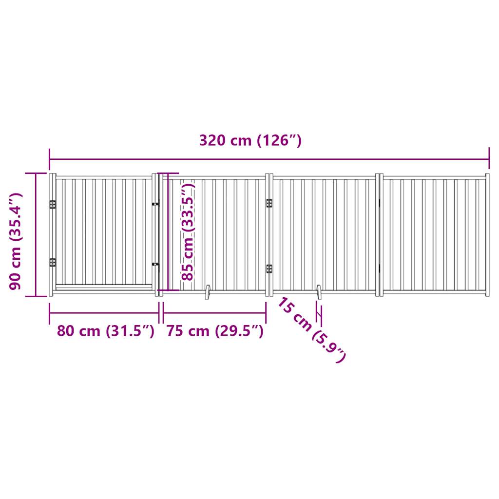 Dog Gate with Door Foldable 4 Panels Black 320 cm Solid Wood Fir