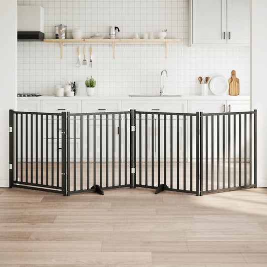 Dog Gate with Door Foldable 4 Panels Black 320 cm Solid Wood Fir